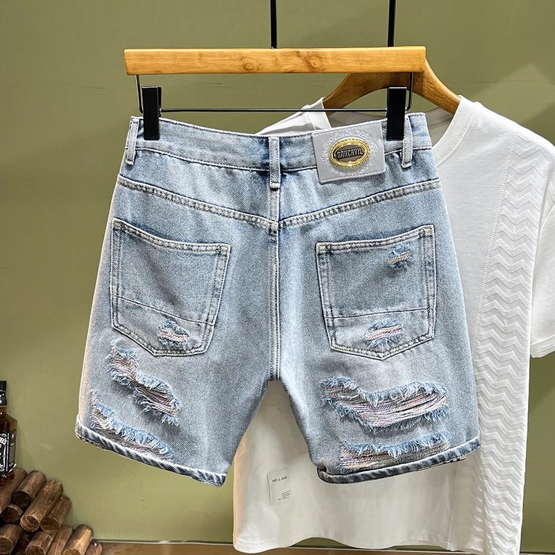 2024 summer new high-end rainbow blue patchwork patch men's straight jeans shorts handsome personality hole in the pants