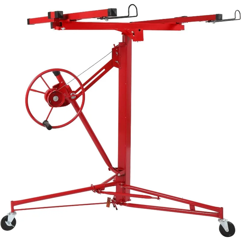 202511 FT Drywall Lift Panel Rolling Hoist Jack Lifter Sheetrock,  Tools Caster Wheel with Adjustable Telescopic Arm, Red