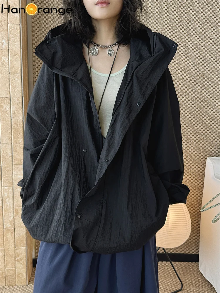 HanOrange 2026 Spring/Summer Breathable Transparent Sunscreen Hooded Windbreaker Jacket Women Loose Thin Coat Black