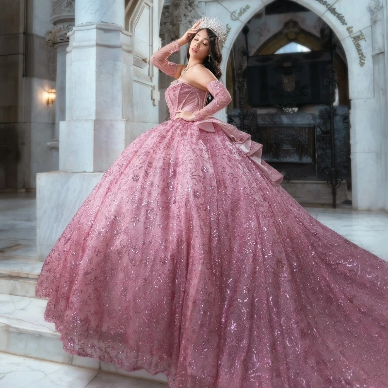 

Pink Shiny Princess Quinceanera Dresses Sweetheart Sequin Applique Lace Beading Crystal Tull Corset Sweet 16 Dress Ball Gowns