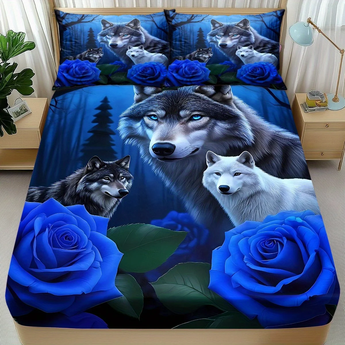 

3pcs Dark Rose And Wolf Themed Bedding Set, Full Bedroom Accessories: Soft Cozy Breathable Fitted Sheet With Elastic Corners & 2 Pillowcases, Bedroom Decor For House Hotel, Animal Wolf & Blue Rose Print Home Decor, Elite For Christmas Birthday Gifts