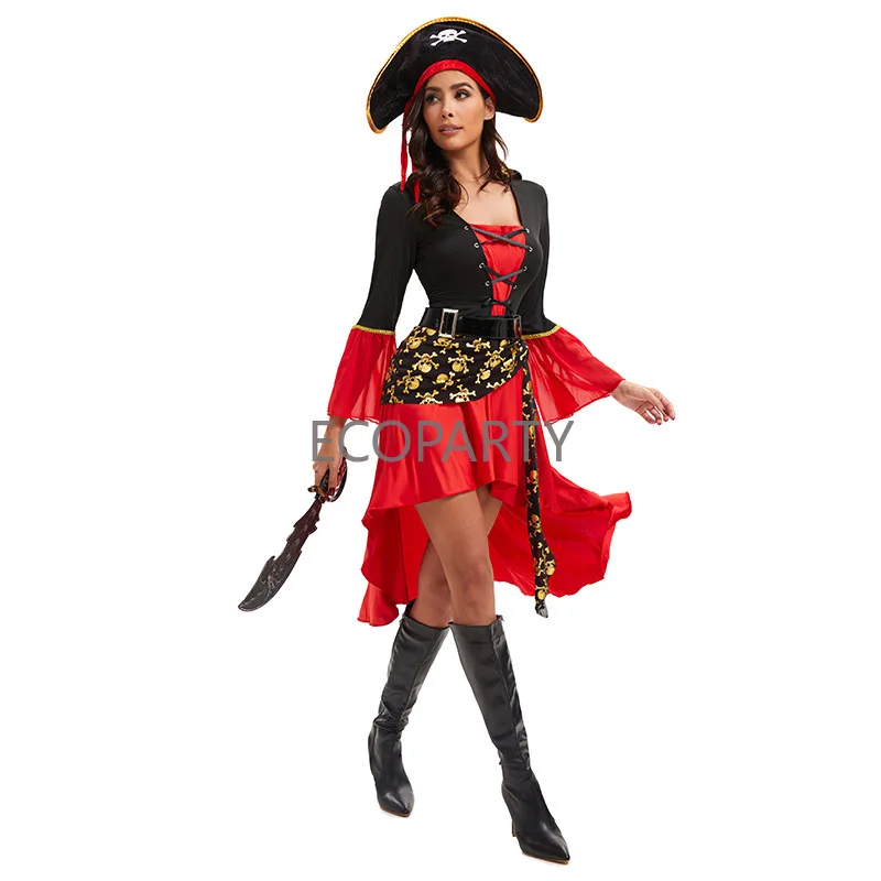 Female Caribbean Pirates Capatain Costume with Hat Halloween Role Playing Cosplay Suit Woman Medieval Gothic Fancy Dress