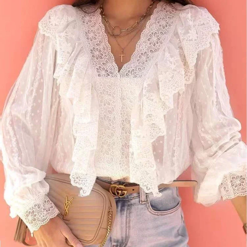 

Elegant Ruffles Blouse Vintage Floral Lace Shirt Sweet White V-Neck Tops New Autumn Long Sleeve Shirt Women Loose Clothes 28015