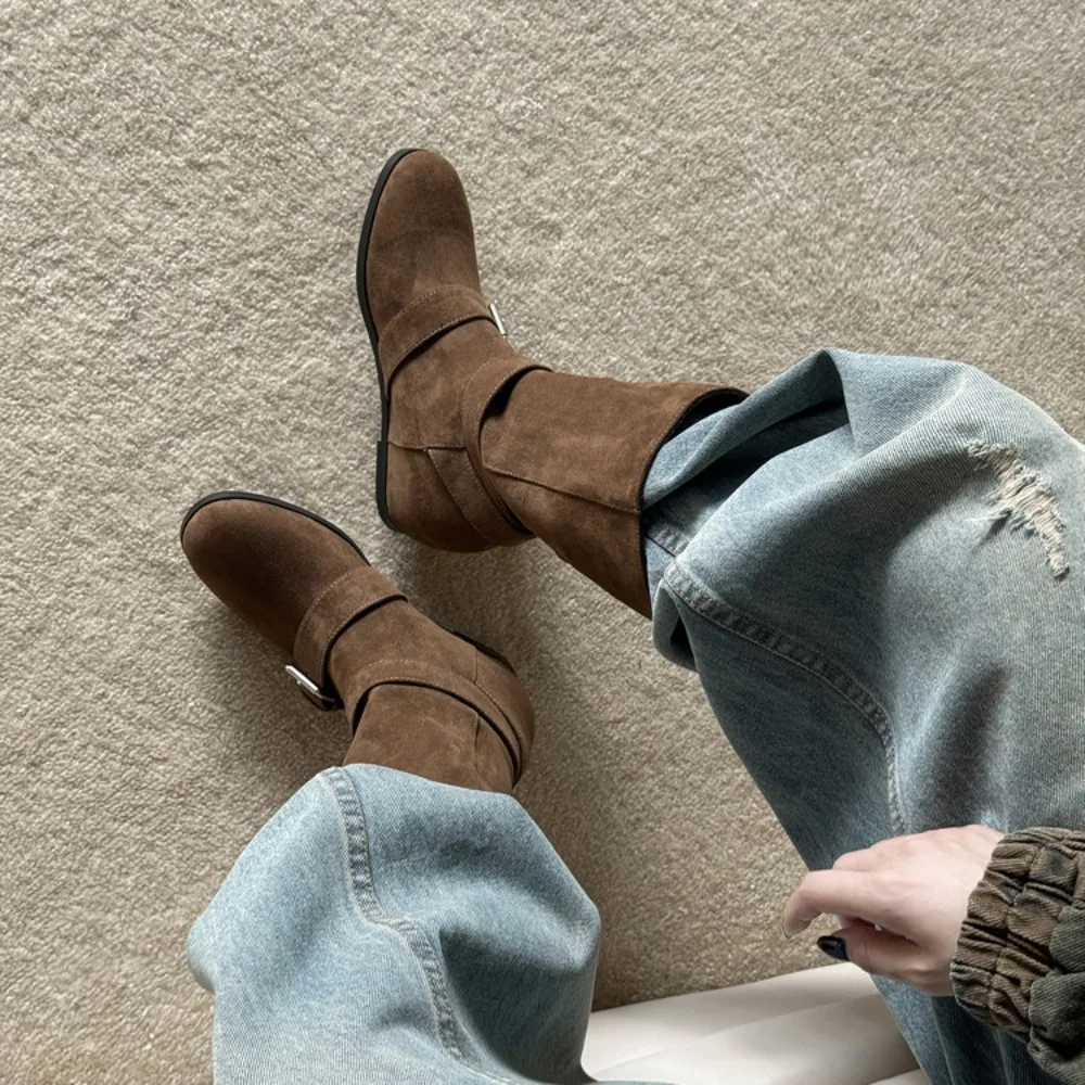 Women's Warm Suede Snow Boots Round Toe Slip-On with Buckle for Casual Home Wear