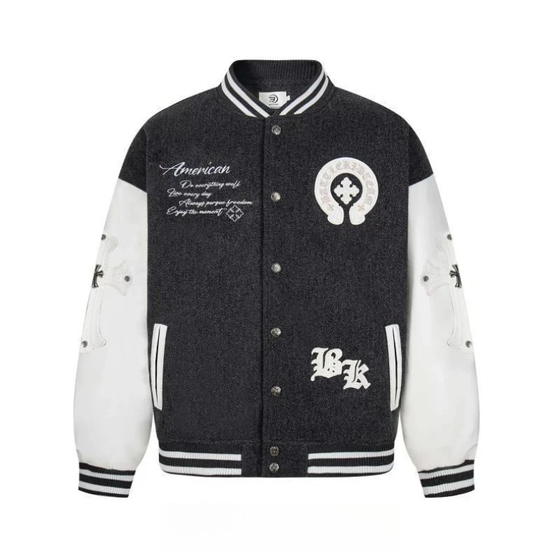 Retro Embroidered Bomber Jacket Men Spliced PU Leather Sleeves Streetwear Baseball Jacket Coats Varsity Jacket Men Clothing