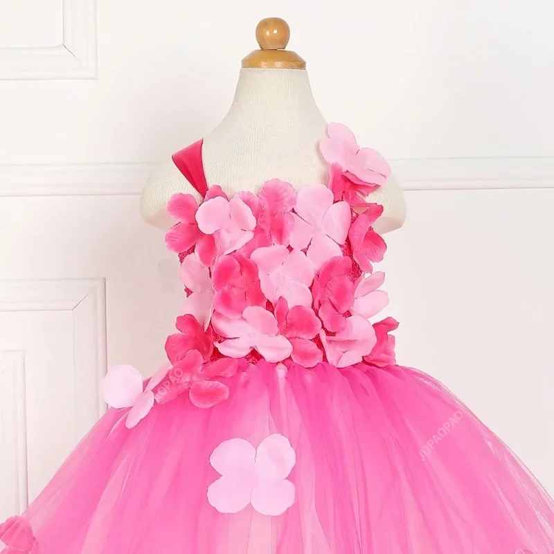 New Quality Pink Princess Flowers Petal Girl Wedding Dress Girls Tulle Fuffy Party Formal Dress Princess Tutu Dress Vestidos