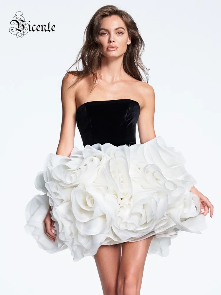 

VC Black and White Ruffled Short Dress Tube Velvet Top Sleeveless Open Back 3D Structured Flowers Cocktail Party Mini Ball Gown