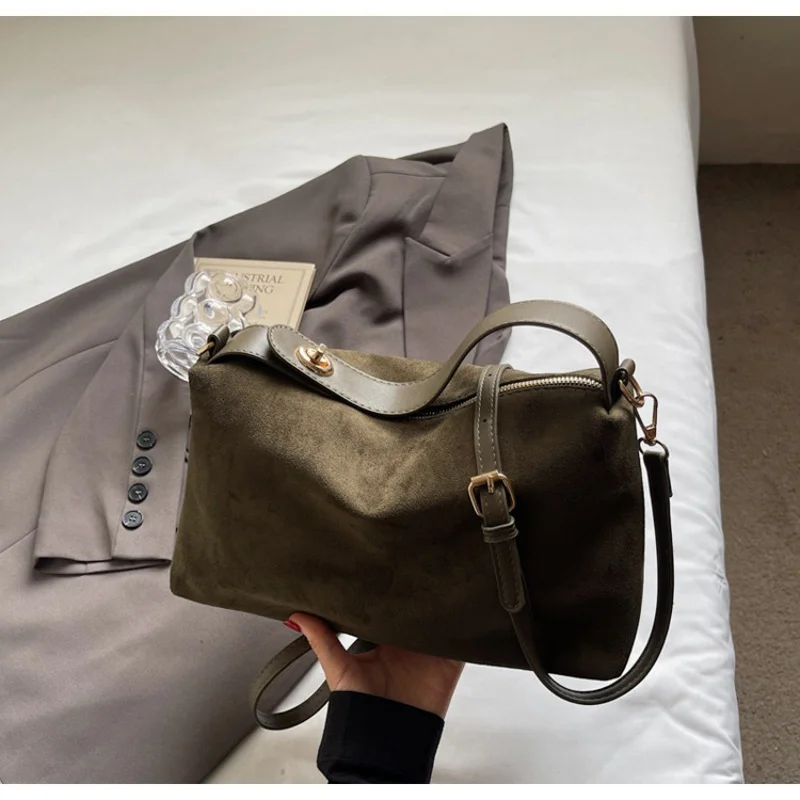 Women Vintage Suede Hobo Handbag, Removable Shoulder Strap Solid Color Soft Casual Crossbody Pillow Purse