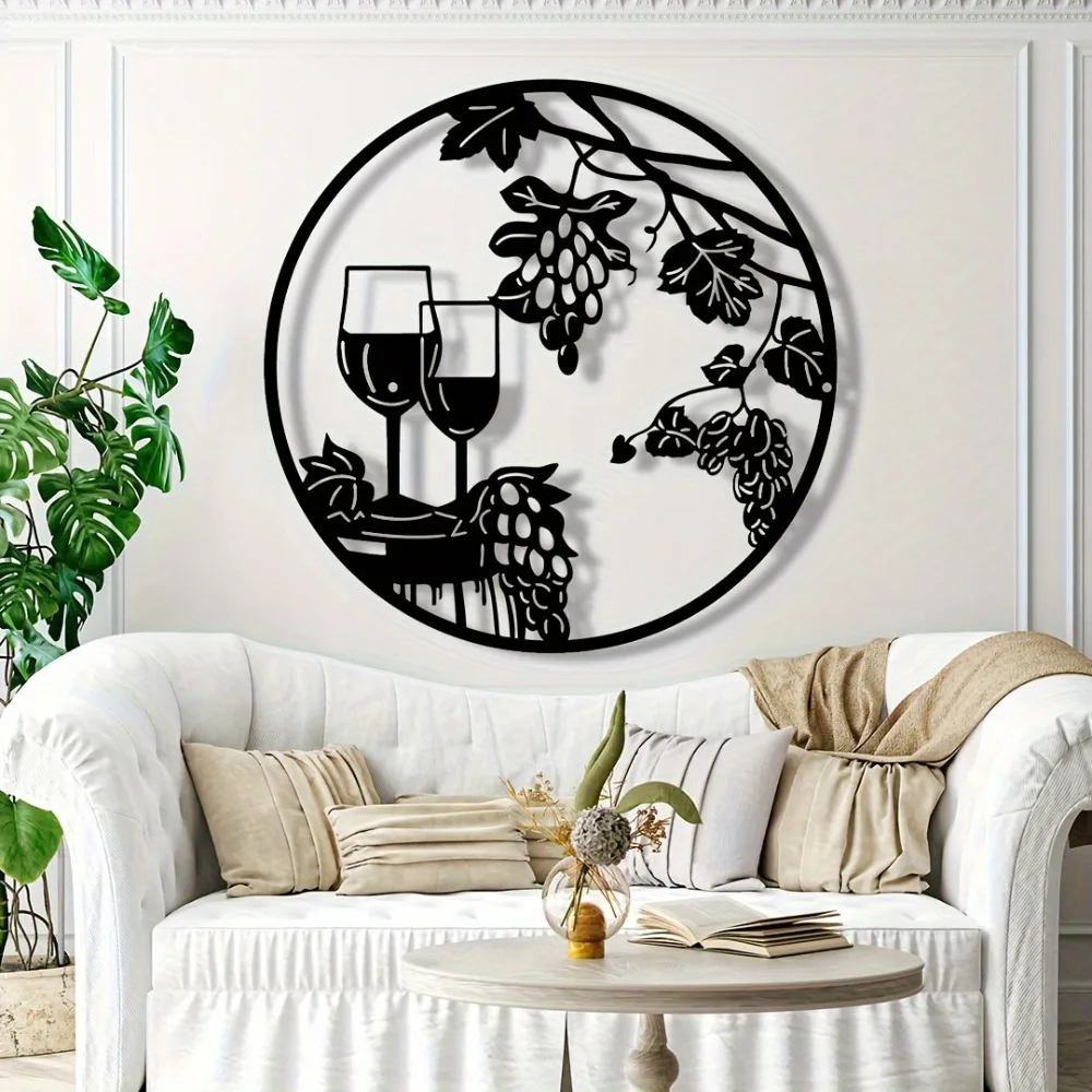 Modern Iron Grape Vine Wall Art – 1pc Wine Glass Silhouette Decor, Hanging for Bar, Restaurant, Christmas, No Maintenance