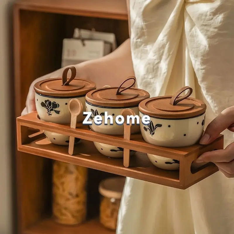French Style Ceramic Seasoning Jar Combo Set Airtight Spice Container Kitchen Salt Jar Spice Box Home Kitchen Storage Tools