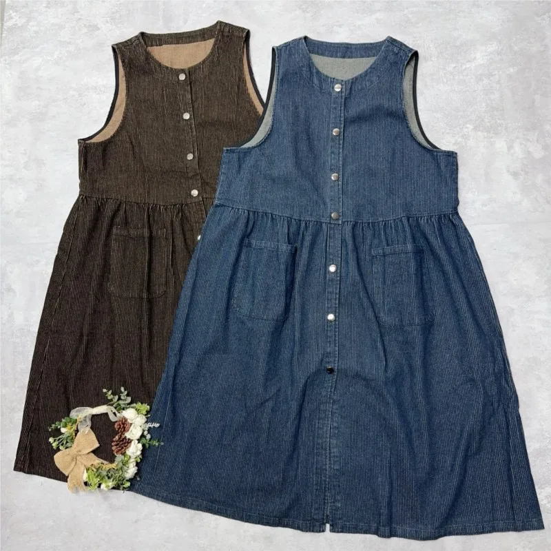 

Johnature Cowboy Button-Up Vest Dress Spring Summer New Retro Round Neck Sleeveless Simple Loose Vest Dresses