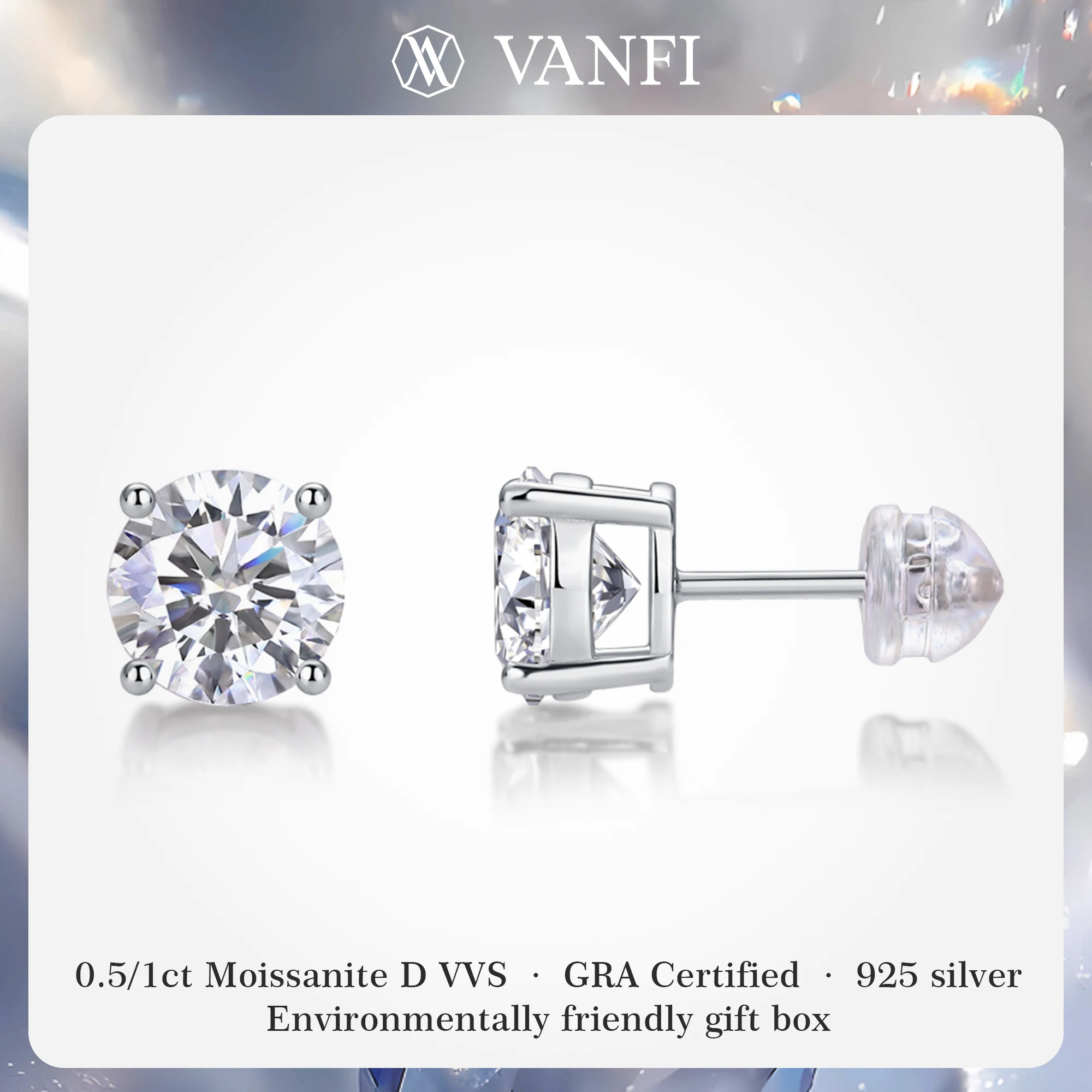 

Kfvanfi Moissanite 0.5CT 1CT D VVS925 sterling silver classic four-claw inlaid men's earrings dazzling women's earrings jewelry
