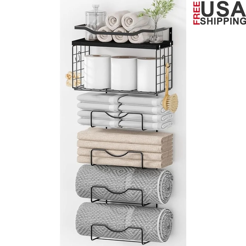 

Настенная вешалка для полотенец 6-уровневый держатель для полотенец с плавающими полками Экономия места Многофункциональное хранилище Ванная комната Кухня RV