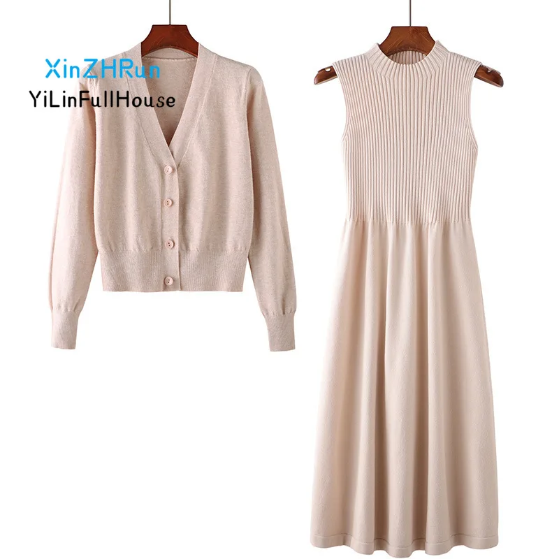 2024 New Autumn V-neck Long Sleeved Single Breasted Sweater Knitted Cardigan Elastic Waistband A-line Skirt Two-piece Set Dress