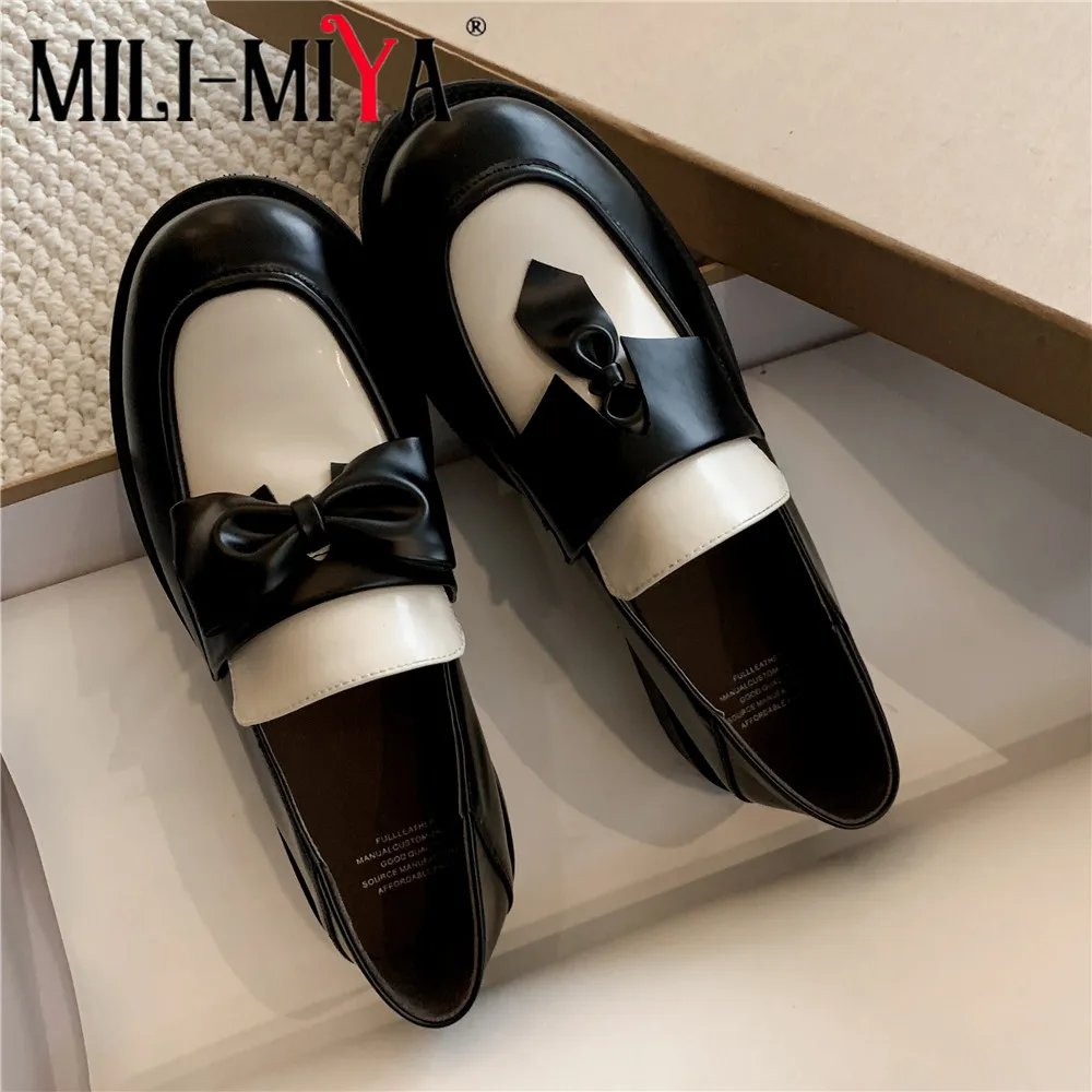 

MILI-MIYA Fashion Butterfly Knot Women Full Genuine Leather Pumps Slip On Round Toe Thick Heels Plus Size 34-40 Handmade For Lad