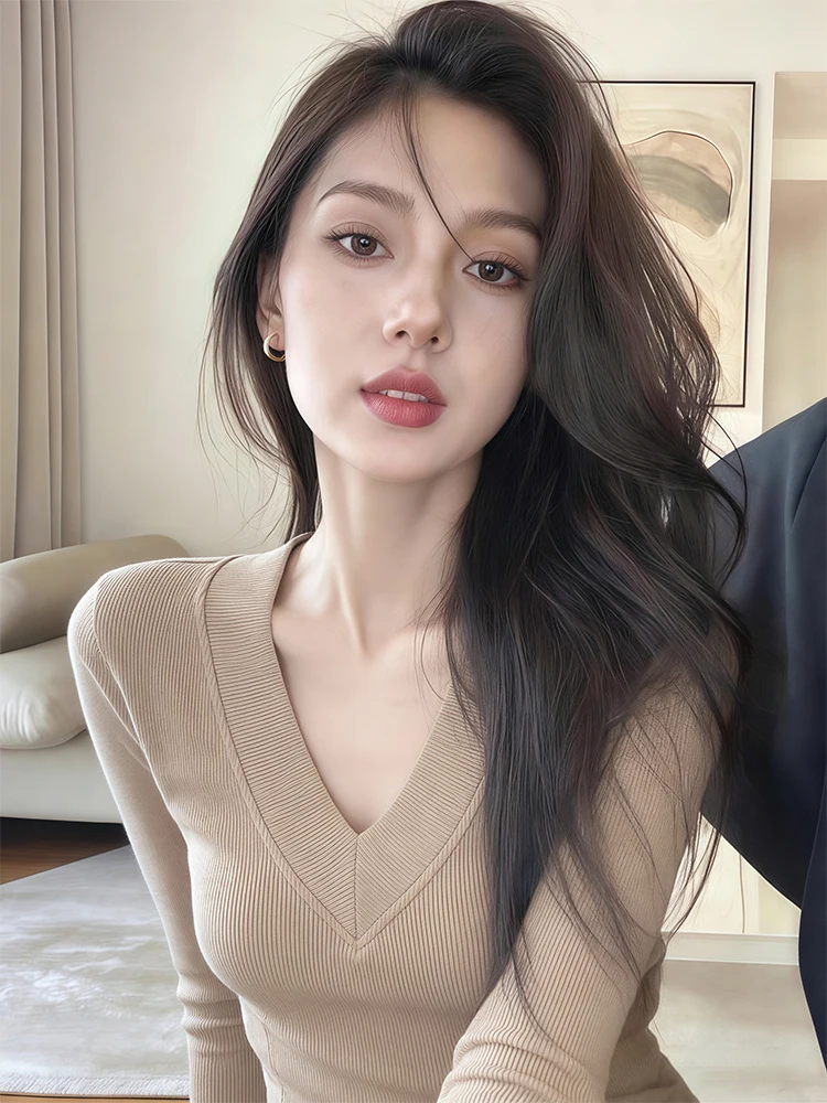 

Американская сексуальная женская футболка с длинным рукавом и V-образным вырезом, весенне-осенняя, базовая, облегающая, для ношения под одеждой, утягивающий базовый топ