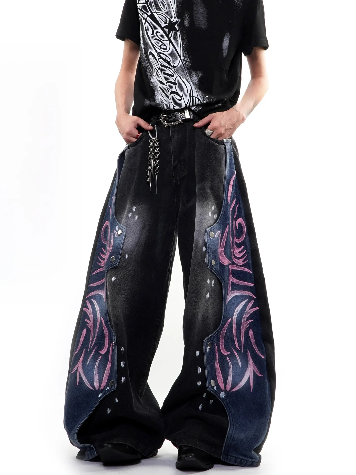 Calças Jeans Wide Leg Unissex de Caimento Solto, Estilo Vintage com Patchwork e Detalhes Desconstruídos, Tendência Jovem e Es...