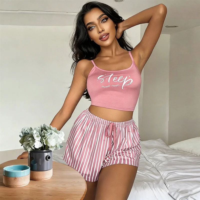 Casual Home Loungewear Women Summer 2 Piece Outfit Letter Print Spaghetti Strap Cami Top And Striped Shorts Pajama 5