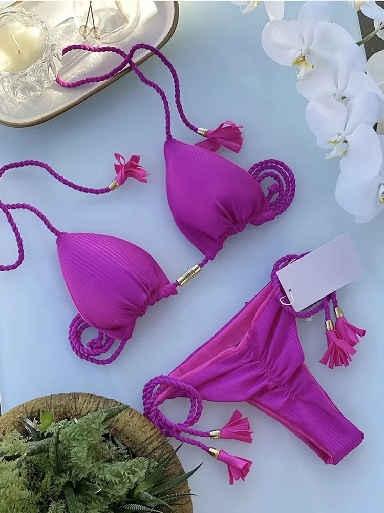 Conjunto de Bikinis con cordones lisos para mujer, traje de baño Sexy de 2 piezas, traje de baño dividido, Bikinis sin espalda de cintura alta, conjunto de Bikinis de estilo playero para verano 2025