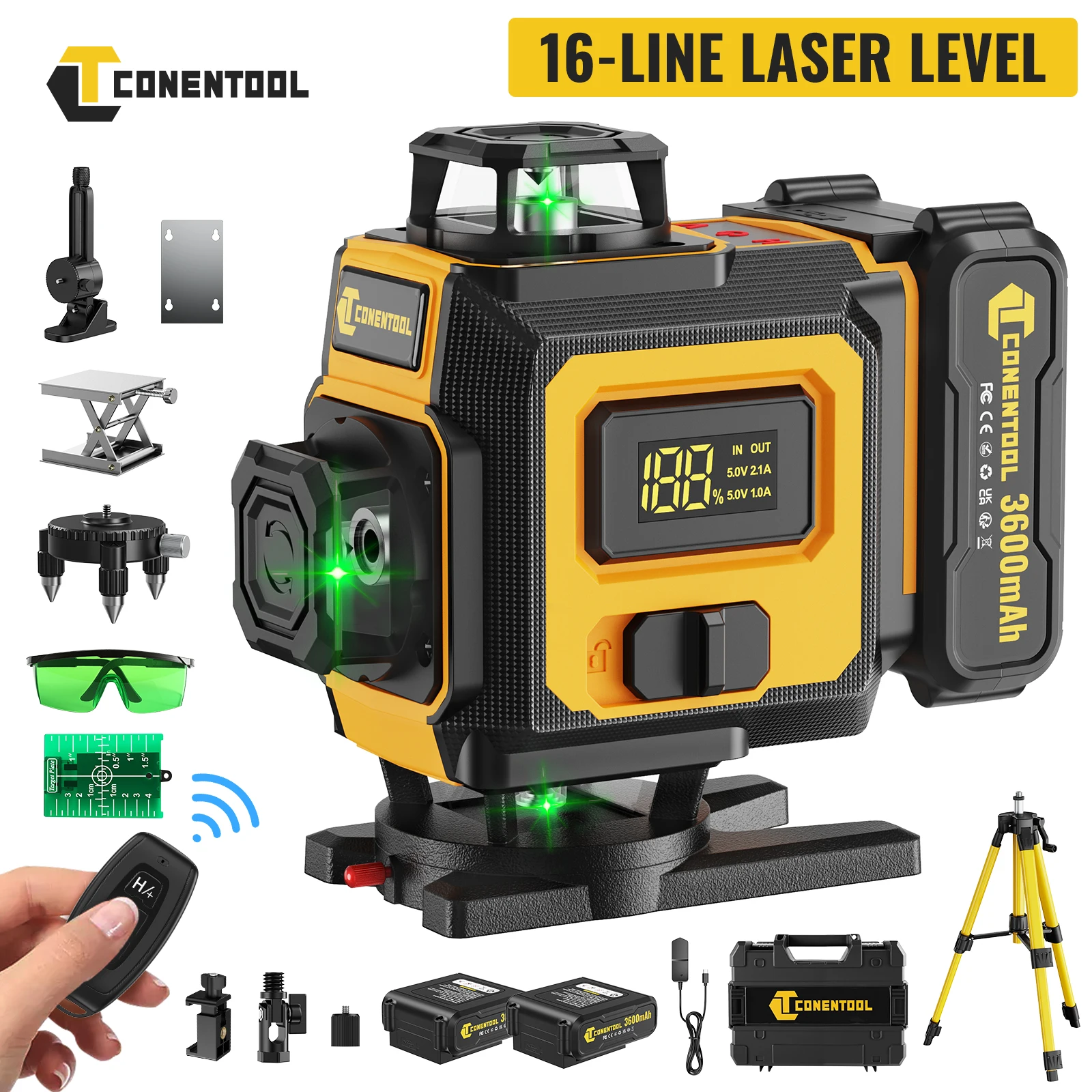 CONENTOOL Niveau laser 4D 16 lignes, faisceau vert, auto-nivelant 360° °   Niveau laser croisé avec trépied pour mesure horizontale et verticale extérieure