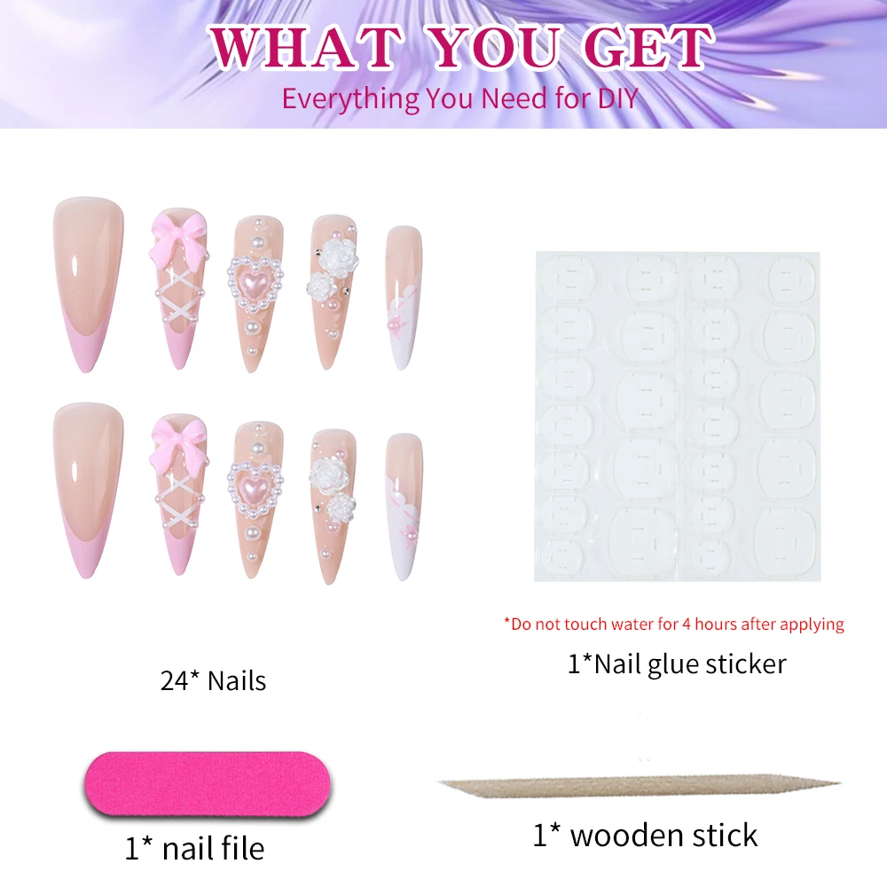 24 قطعة من زهرة اللوز على شكل قلب لؤلؤي اضغط على الأظافر، مجموعة أظافر صناعية من الأكريليك مناسبة تمامًا، تحتوي على قطعة واحدة من غراء الجيلي و1 قطعة Na