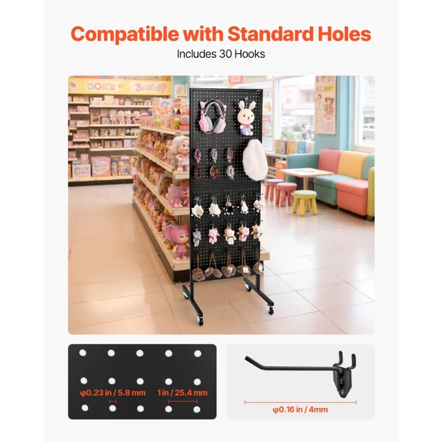 Stand Display Pegboard dengan 30 Kait Panel Pegboard Display dengan Roda Hitam