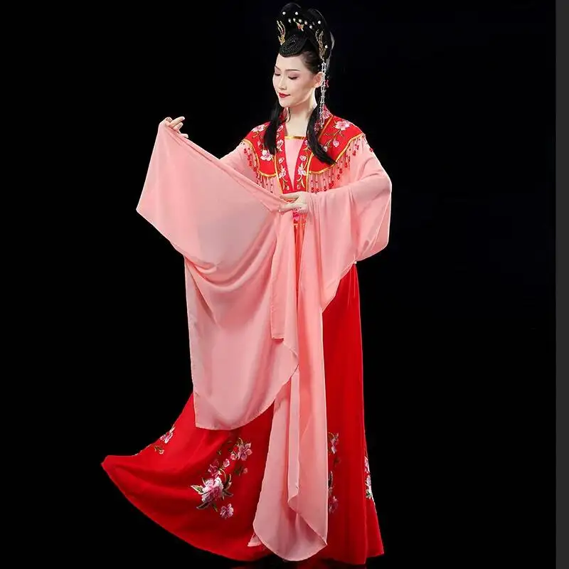 Chinese Opera Costume Red Pink Floral Embroidery Wide Sleeve Hanfu Ancient Palace Lady Outfit for Stage Cosplay Party
