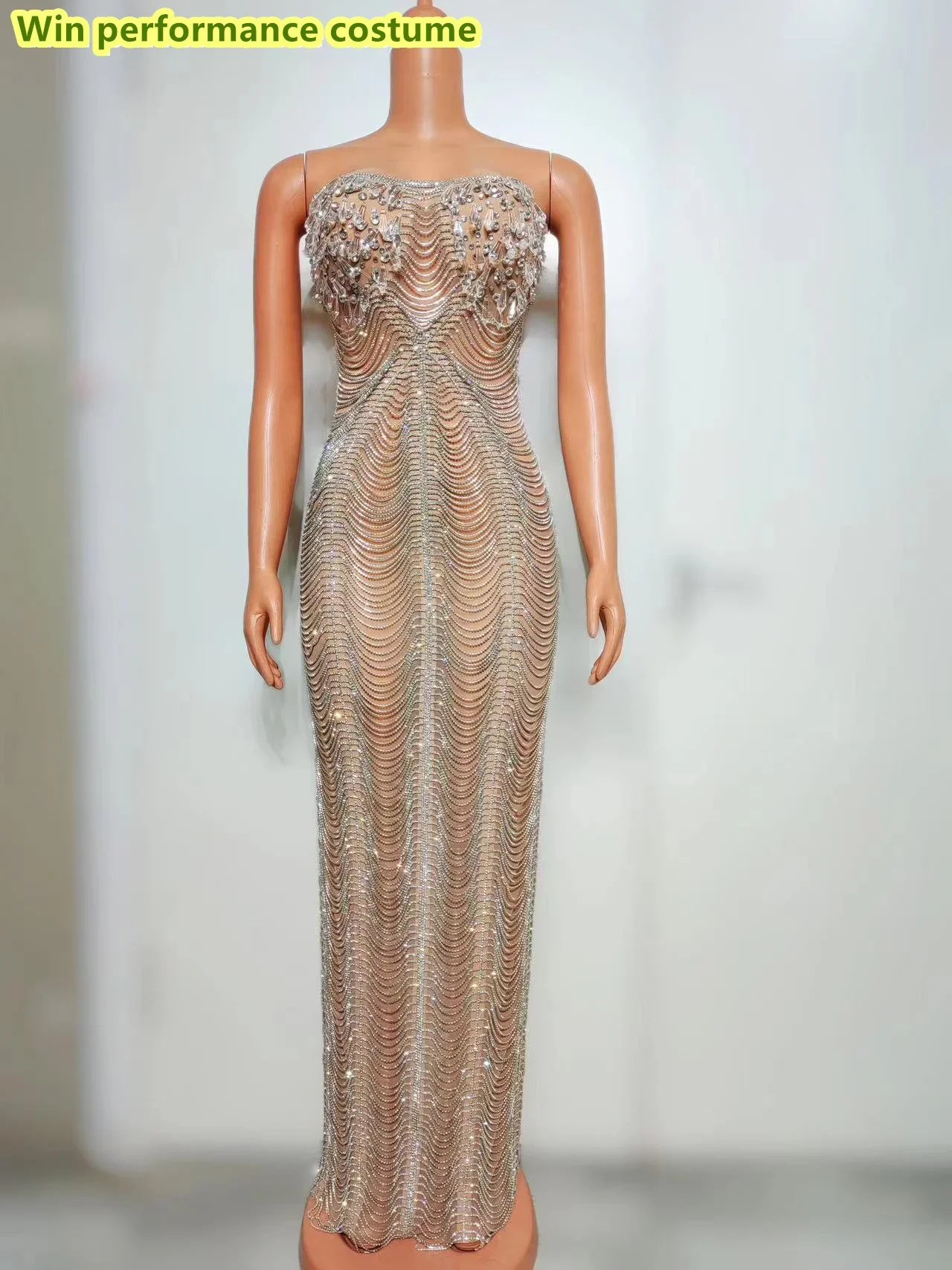 Bar Singer Stage Party Performance Clothing Luxury Heavy Industry Full Diamond Chain Hanging Neck Open Back Dress