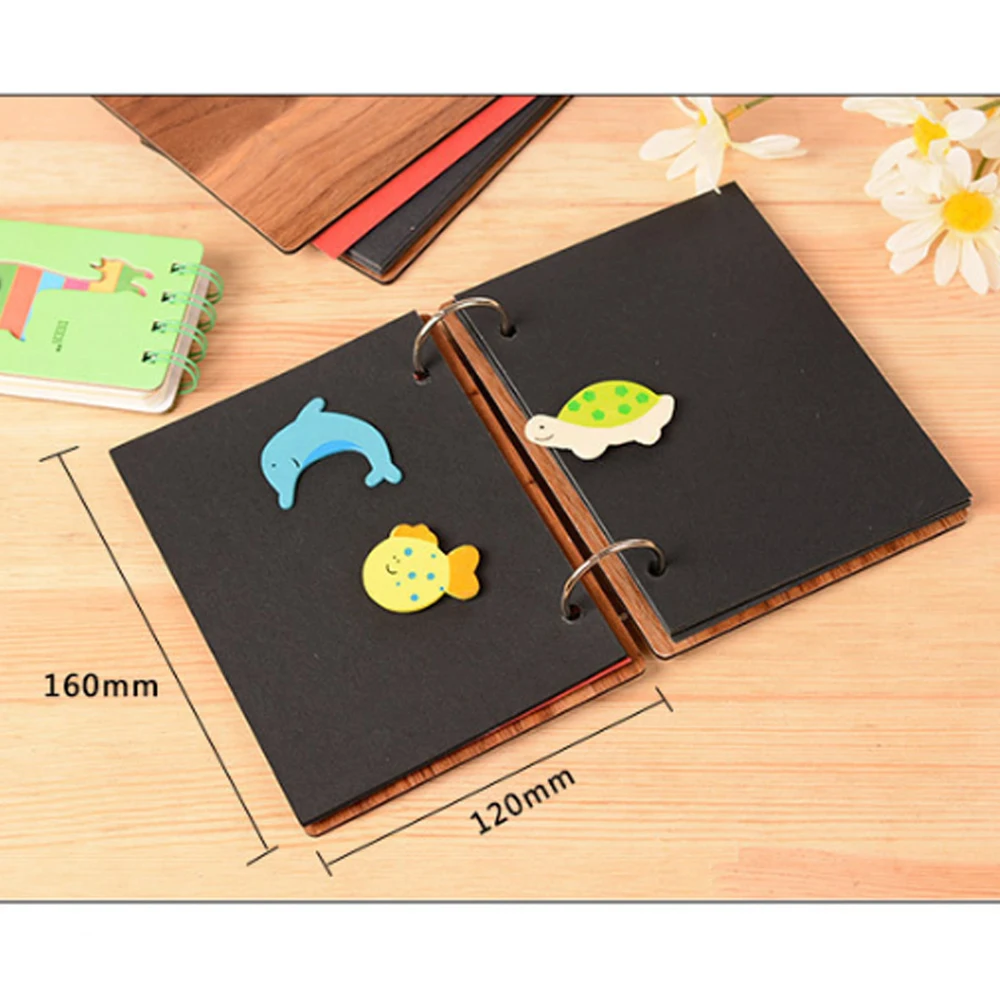 DIY Album Wood Cover Anniversary Scrapbook 6 inches Self-Adhesive Picture Book with Black Page for Couple Graduation Travel Love