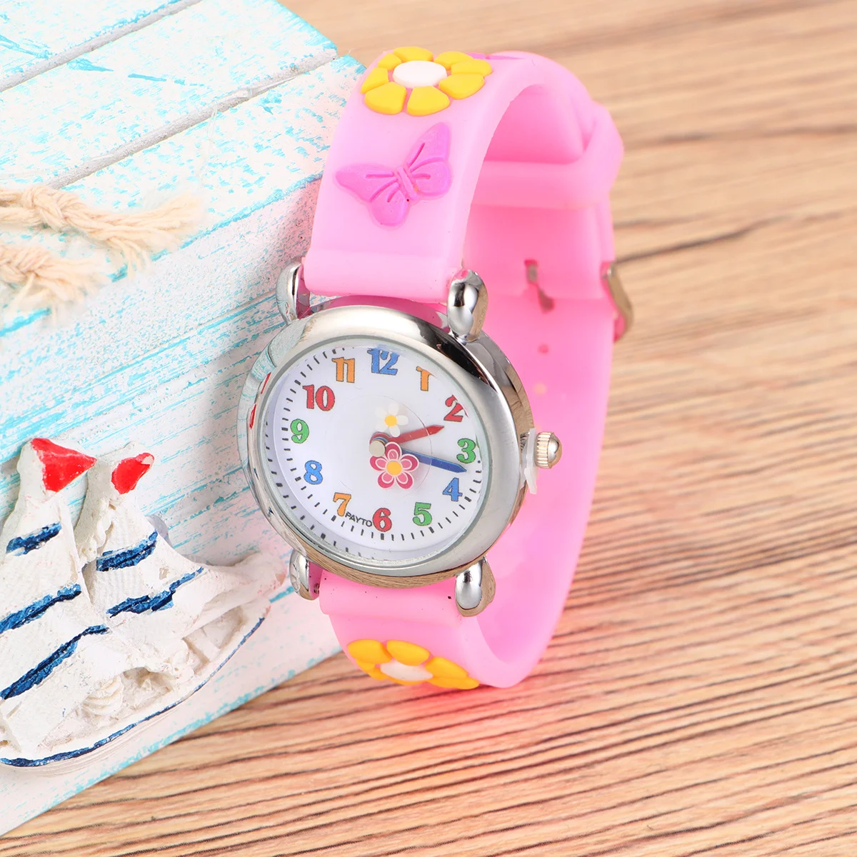 Creative Flower Design Watch Pink Silicone Band Lively Interesting Cartoon Pattern Childrens Timekeeper Watch