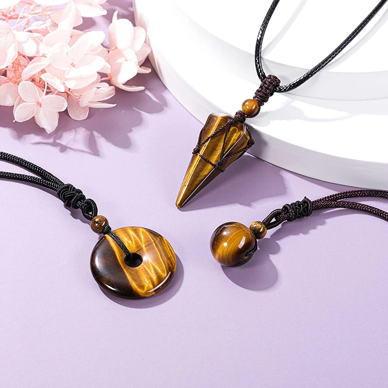 3 Pcs Healing Crystal Amethyst Tiger Eye Stone Hexagonal Bead Necklace Adjustable Black Rope Natural Stone Pendant Necklaces