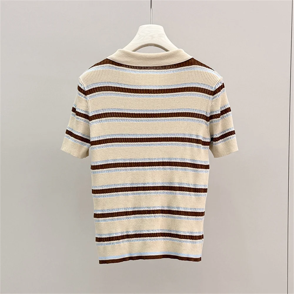 26 Summer Simple Commuting Versatile Slim Short-Sleeved Top Striped Lapel Knitted Cardigan For Women