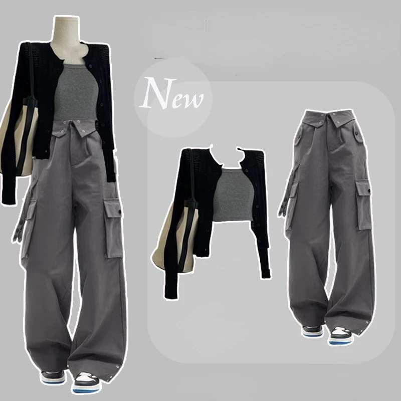 Summer Gentle Department Wear A Whole Set of 2023 New Korean Version of Retro Suspenders Cardigan Work Pants Three-piece Suit