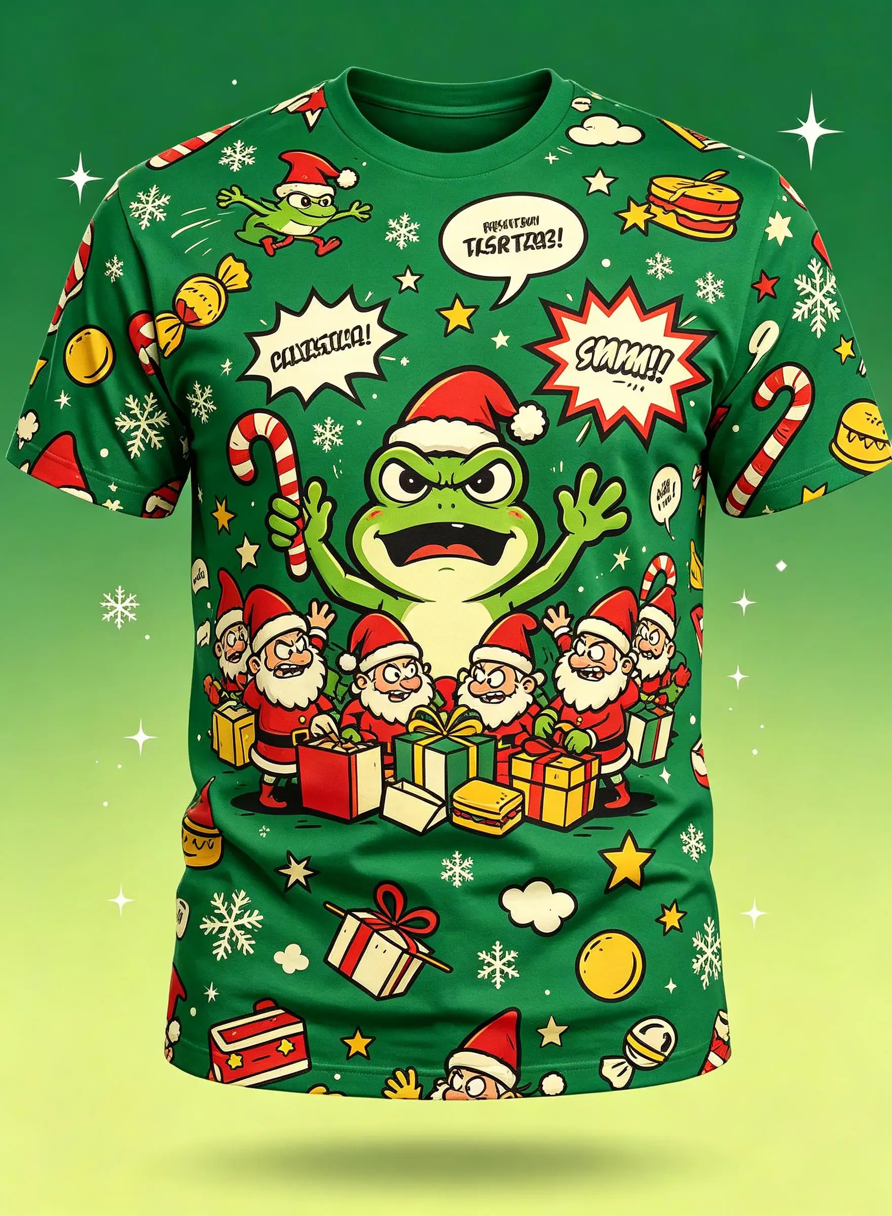 Men Festive Short Sleeve Top, Christmas Cartoon Frog Elf Gift Print Crew Neck Casual Party T-shirt