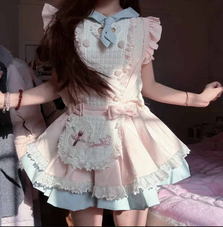 Sweet Summer Yellow Short Puff Sleeve Slim Fit Cute Girl Top Pink Blue Age Reducing College Japanese Bow Cake Strap Skirt