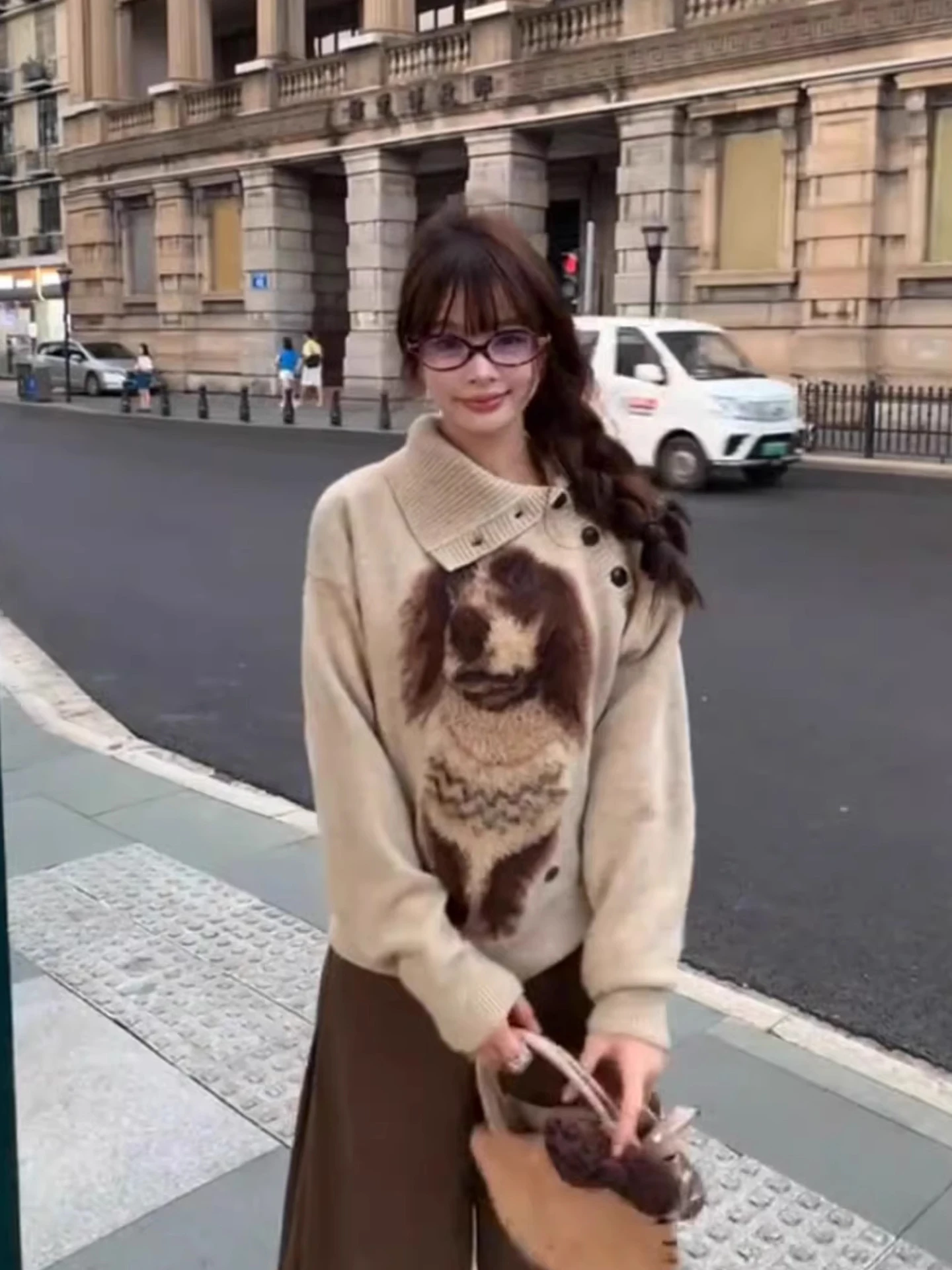 

Женский мягкий вязаный свитер Thi с воротником с принтом, осень-зима, свободный крой, теплый длинный топ све с рисунком медведя/свиньи/животного