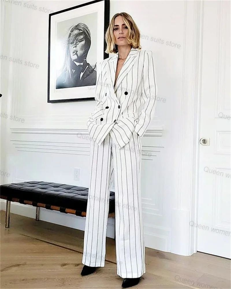 

Pinstripe Wedding Women Suit Set 2 Piece Blazer+Trousers Tuxedos Formal Double Breasted Jacket Coat Prom Dress Tailored Outfit