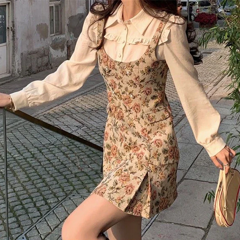 

Spring Fall Vintage Women Ladies Double Breasted Button Full Sleeve Floral Dress , Woman Autumn Slim Ruffled Dresses