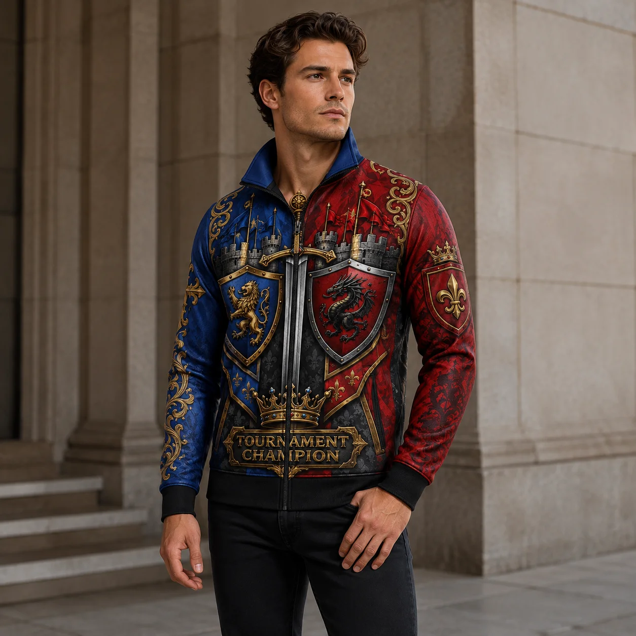 Men Medieval Knight 3D Print Jacket Lion Dragon Shield Graphic Jackets Vintage Royal Tournament Coat Gothic Zip Up Outerwear