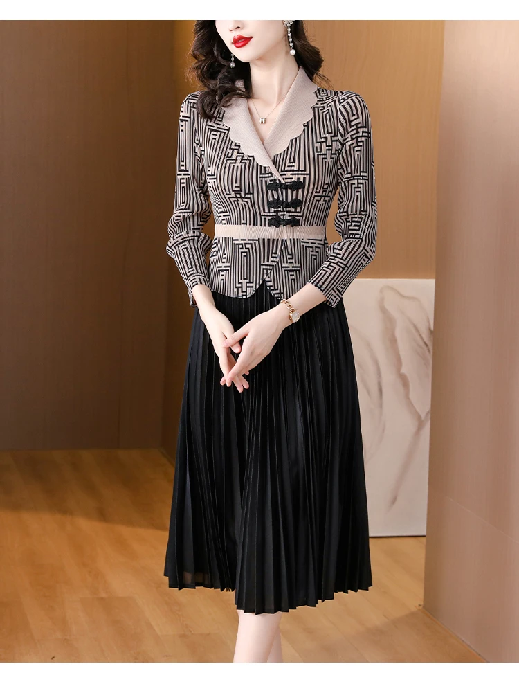 Spring Dress Women Fashion Pleated Print Stand Collar Single-Breasted Beaded Three-Quarter Length Sleeves Cardigan