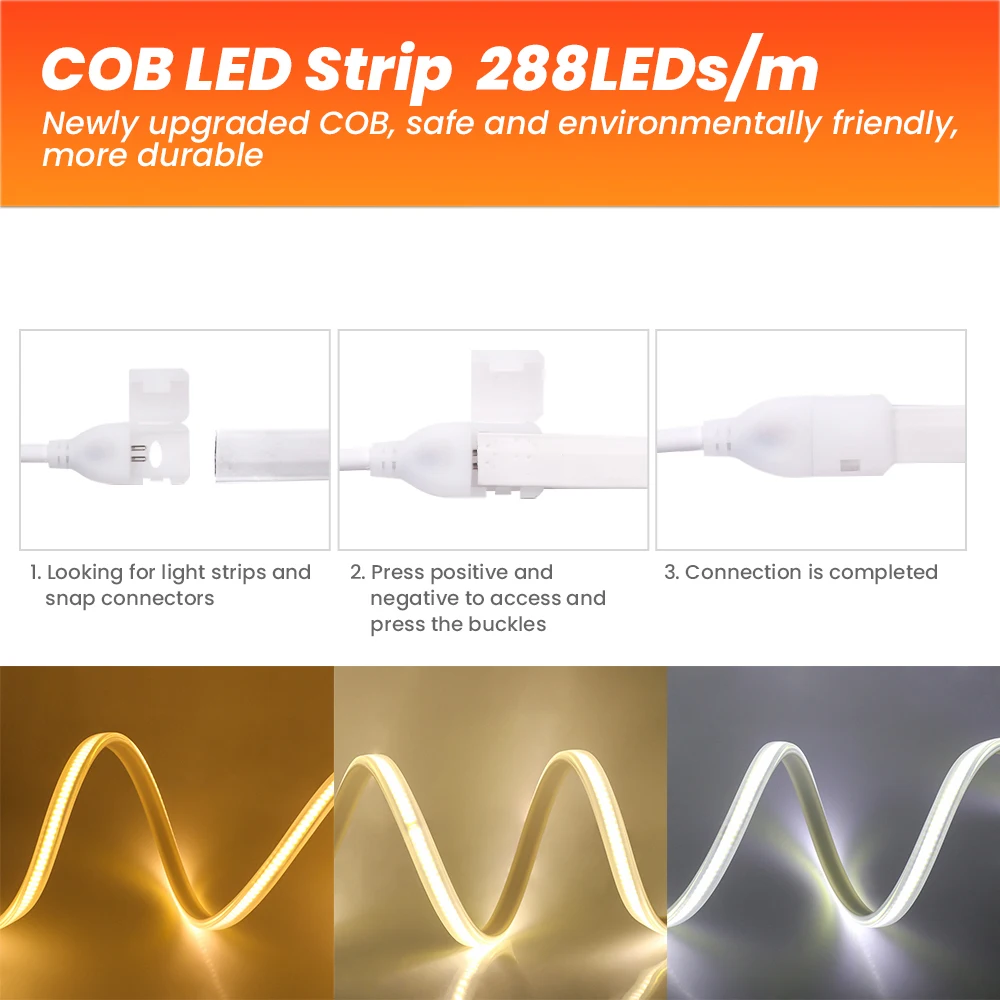 Impermeável COB Strip Light, corda de fita flexível, FOB Light, 288 LEDs, M RA 80, 3000K, 4000K, 6000K, 110V, 220V