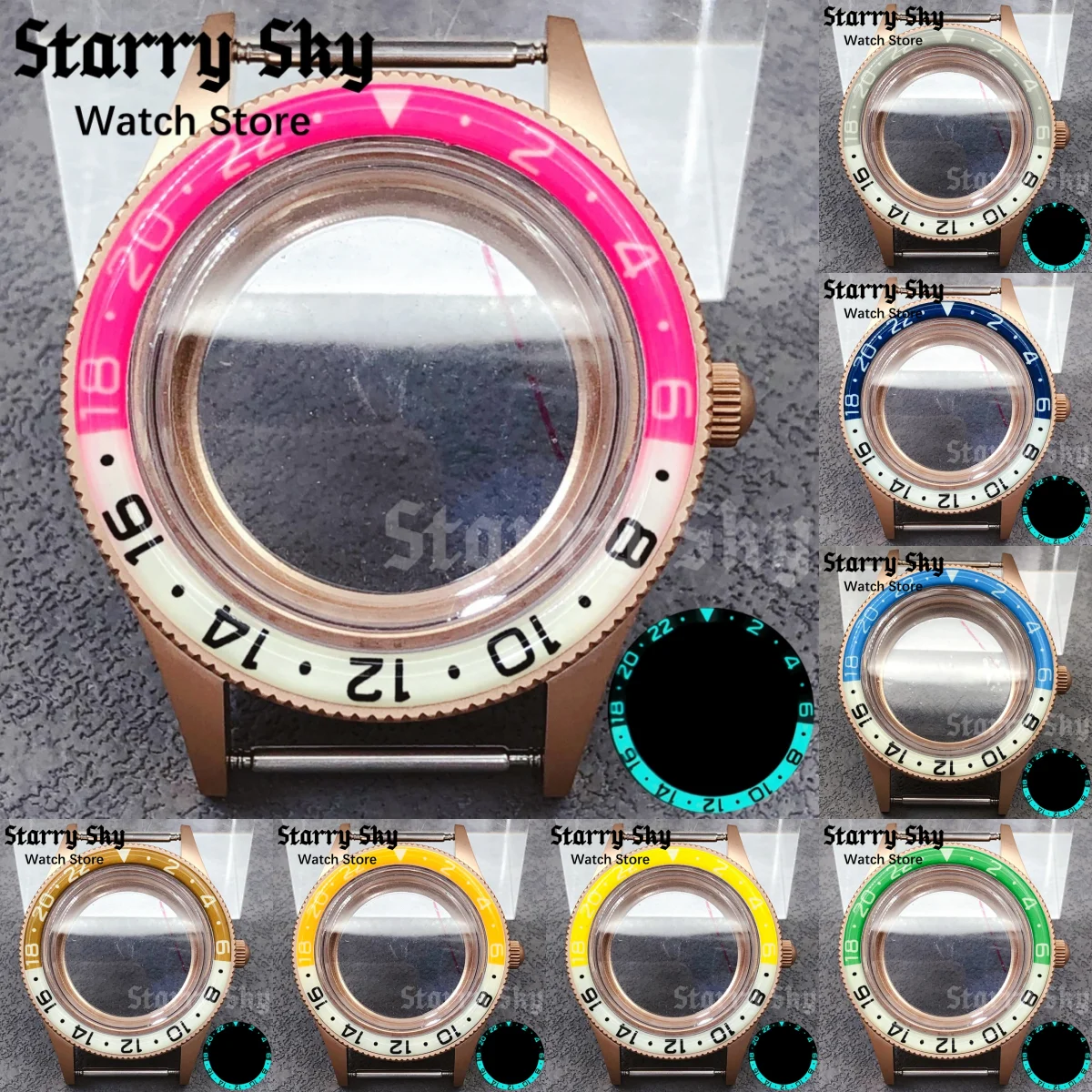Starry Sky 40mm Domed Glass Matte Rose Gold Watch Case Luminous Bezel Suitable For NH35/ETA PT/Miyota Movement Watch Accessories
