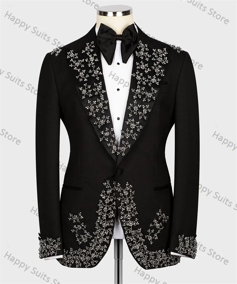 Crystals Men Suit 2 Piece Blazer+Pants Formal Office Black Cotton Jacket Coat Wedding Groom Tuxedo Customized Prom Trousers