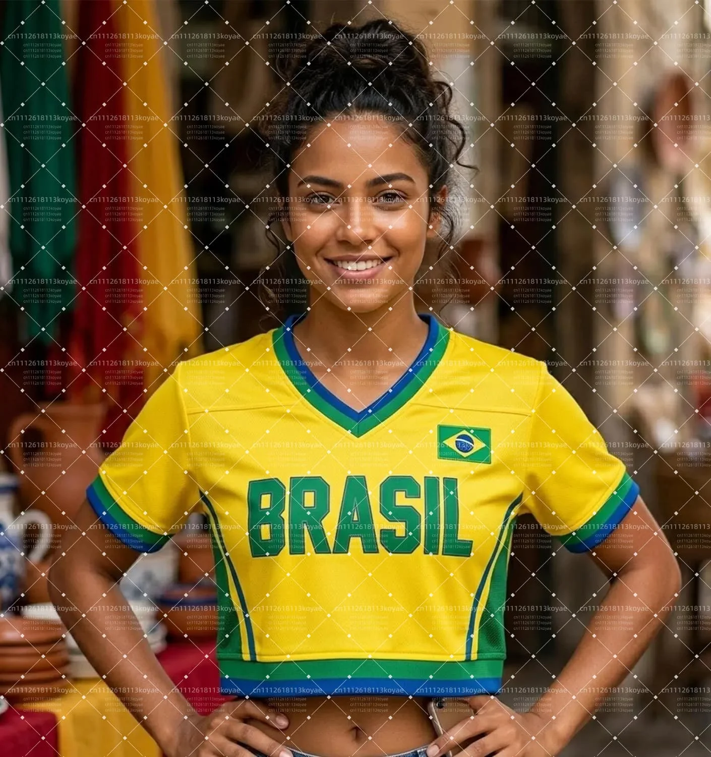 2026 Summer Women's  Brazil Inspired V-Neck Crop Top, Breathable Quick Dry Y2K Football Fan Cheerleading T-shirt