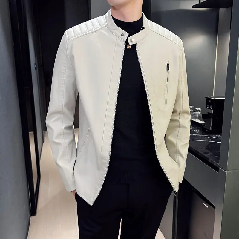 

Spring Autumn Men's Motorcycle Leather Jacket Solid Stand Collar Jackets Fashion Casual Trend White Windproof Coat Streetwear