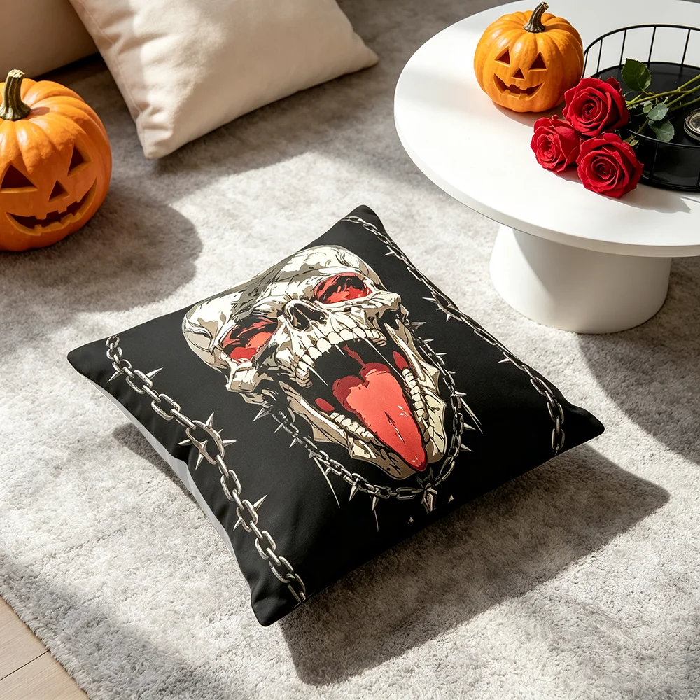 1PC Throw Pillow Cover,Screaming Skull Lightning Print,Halloween Gothic Style,For Sofa Bedroom Couch Home Decor