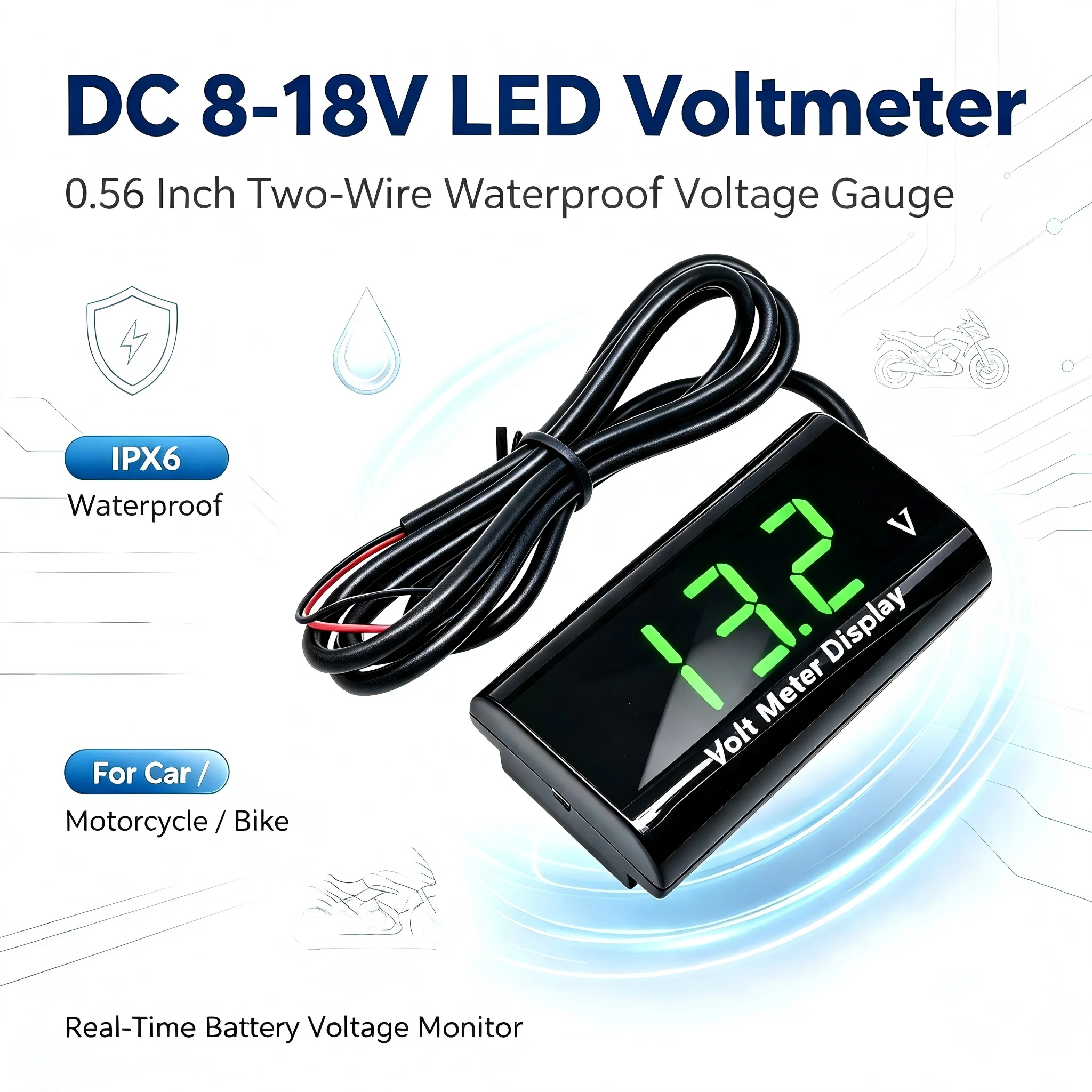 Mini 0.56 inch LED Digital Voltmeter DC 8V-18V IPX6 Waterproof 2-wire Voltage Tester Volt Meter For Motorcycles Cars Detector