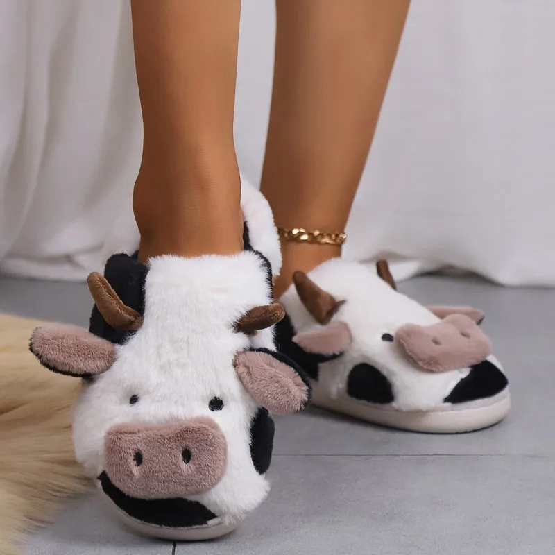 Cartoon Cow Fur Slippers 2024 Autumn and Winter New Home Warm Thick Bottom Anti Slip Design Feeling Thick Plush Women's Slippers