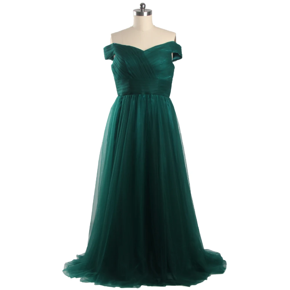 

Evening Dresses Dark Green Tulle Off the Shoulder Cross-criss Pleat A-line Floor Length Lace up Plus size Lady Party Dress YA003