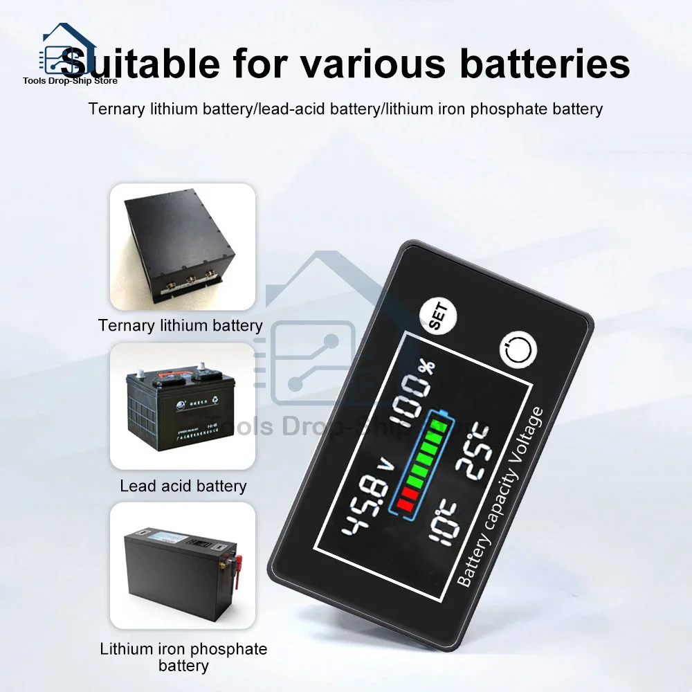 DC10V-100V Battery Capacity Indicator Battery Voltmeter Volt Temp Battery Monitor Lead-acid Lithium Detector 12V 24V 48V 72V 84V